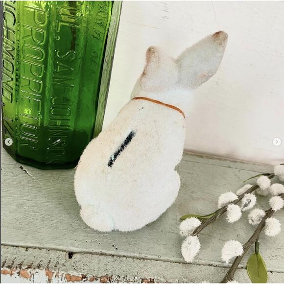 Vintage Flocked Fuzzy Easter Bunny Pink OR Blue Bank Glass Plastic Eye BOTH - Picture 4 of 10